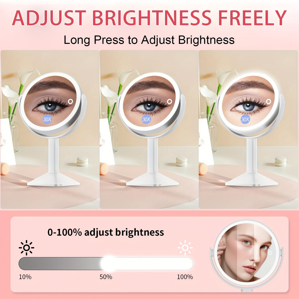 1X\u002F30X Magnifying Makeup Mirror with Lights, 2600mAh Rechargeable Vanity Mirror with Tweezers, 3 Color Lighting Modes & Stepless Dimming, Double Sided Smart Touch Control Mirror with 30X Magnification, 360° Rotation, Travel Essential, Christmas Gift