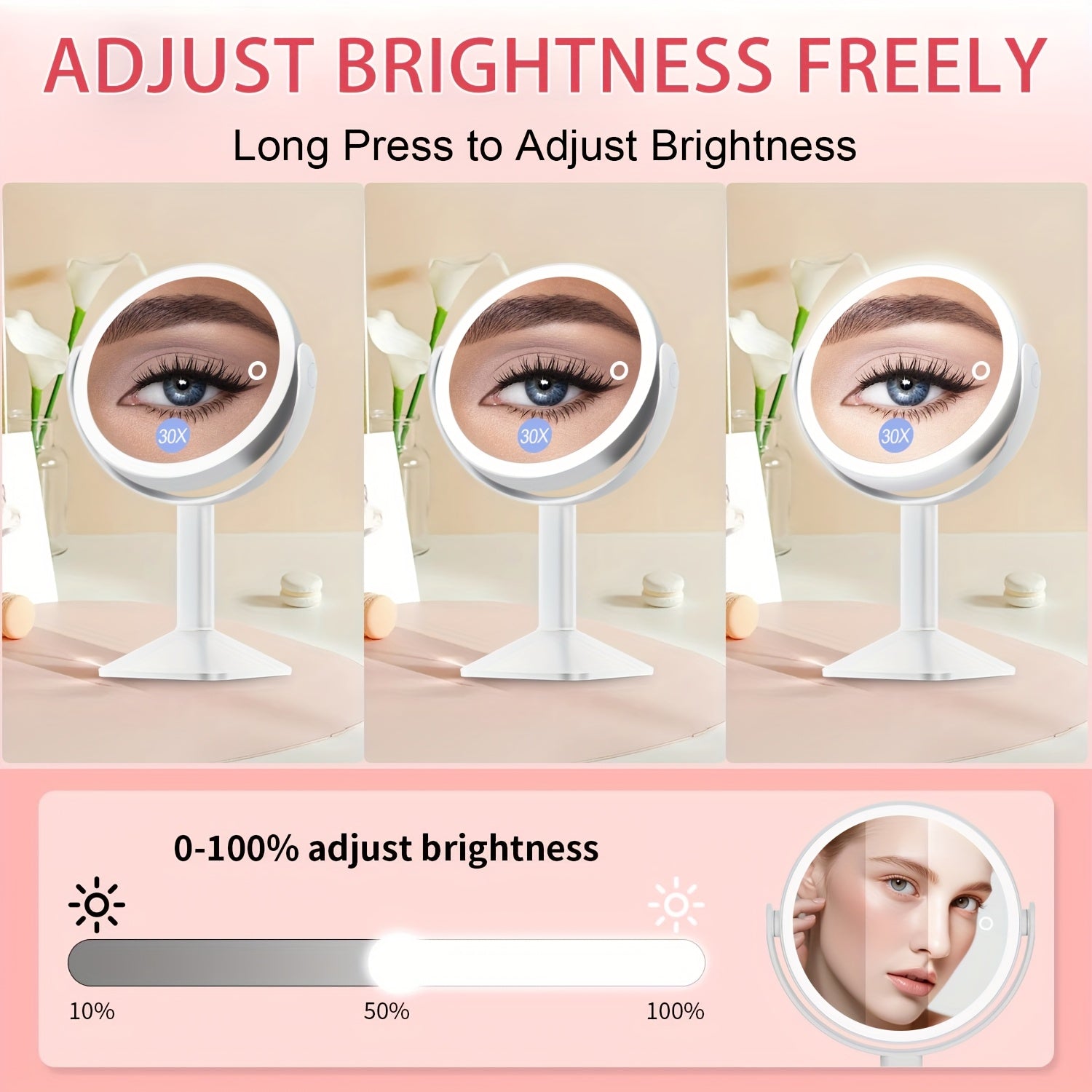 1X\u002F30X Magnifying Makeup Mirror with Lights, 2600mAh Rechargeable Vanity Mirror with Tweezers, 3 Color Lighting Modes & Stepless Dimming, Double Sided Smart Touch Control Mirror with 30X Magnification, 360° Rotation, Travel Essential, Christmas Gift