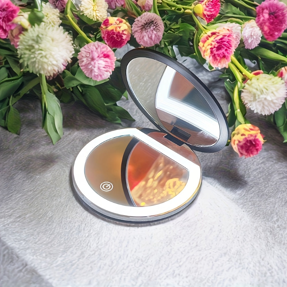 HOTU 1pc 2X Magnifying LED Makeup Mirror, Double-Sided Design, Handheld, Portable Foldable with Magnifying Side, Fits in Pocket or Purse, Great as a Gift