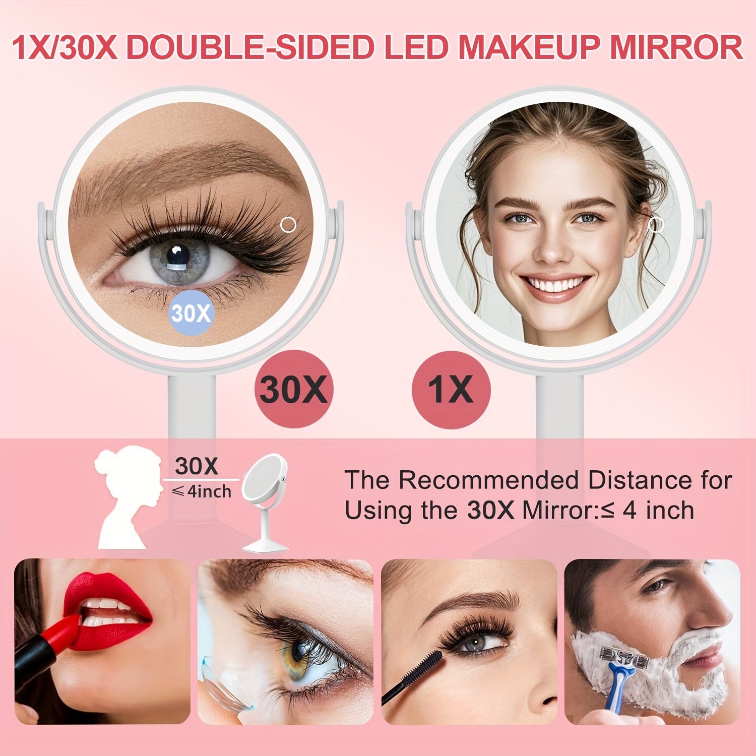 1X\u002F30X Magnifying Makeup Mirror with Lights, 2600mAh Rechargeable Vanity Mirror with Tweezers, 3 Color Lighting Modes & Stepless Dimming, Double Sided Smart Touch Control Mirror with 30X Magnification, 360° Rotation, Travel Essential, Christmas Gift