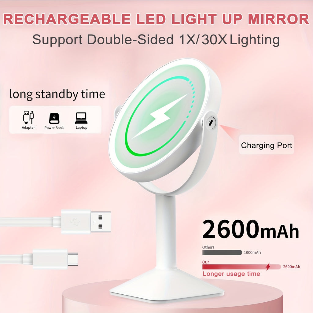 1X\u002F30X Magnifying Makeup Mirror with Lights, 2600mAh Rechargeable Vanity Mirror with Tweezers, 3 Color Lighting Modes & Stepless Dimming, Double Sided Smart Touch Control Mirror with 30X Magnification, 360° Rotation, Travel Essential, Christmas Gift