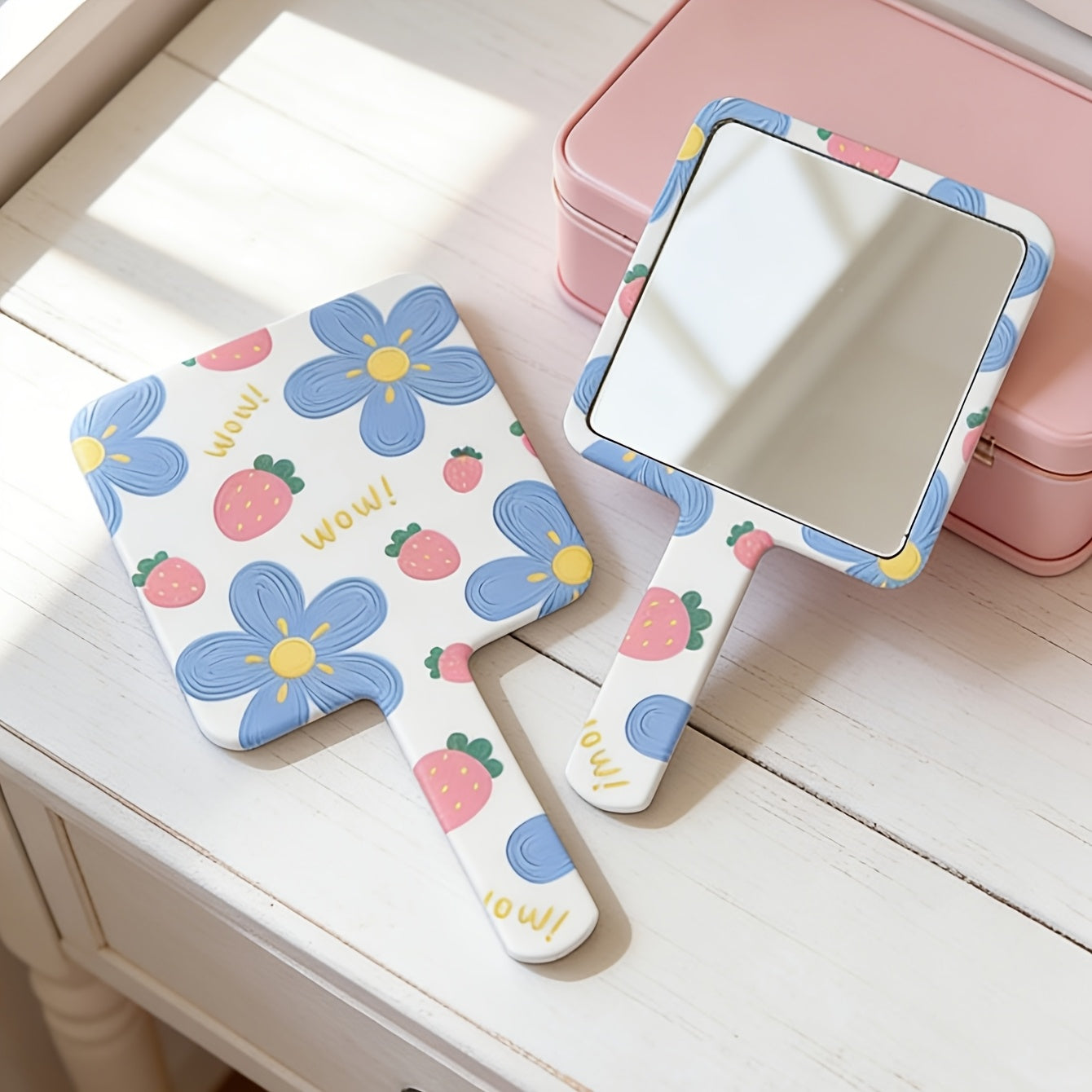 Floral Print Square Handheld Mirror Bathroom Suitable Portable Makeup Mirror Campus Season Girl Gift Valentine'S Day Romantic Gift Christmas\u002FWedding Season\u002FMother'S Day Multi-Festival Gift Exquisite Girl Cleaning Supplies