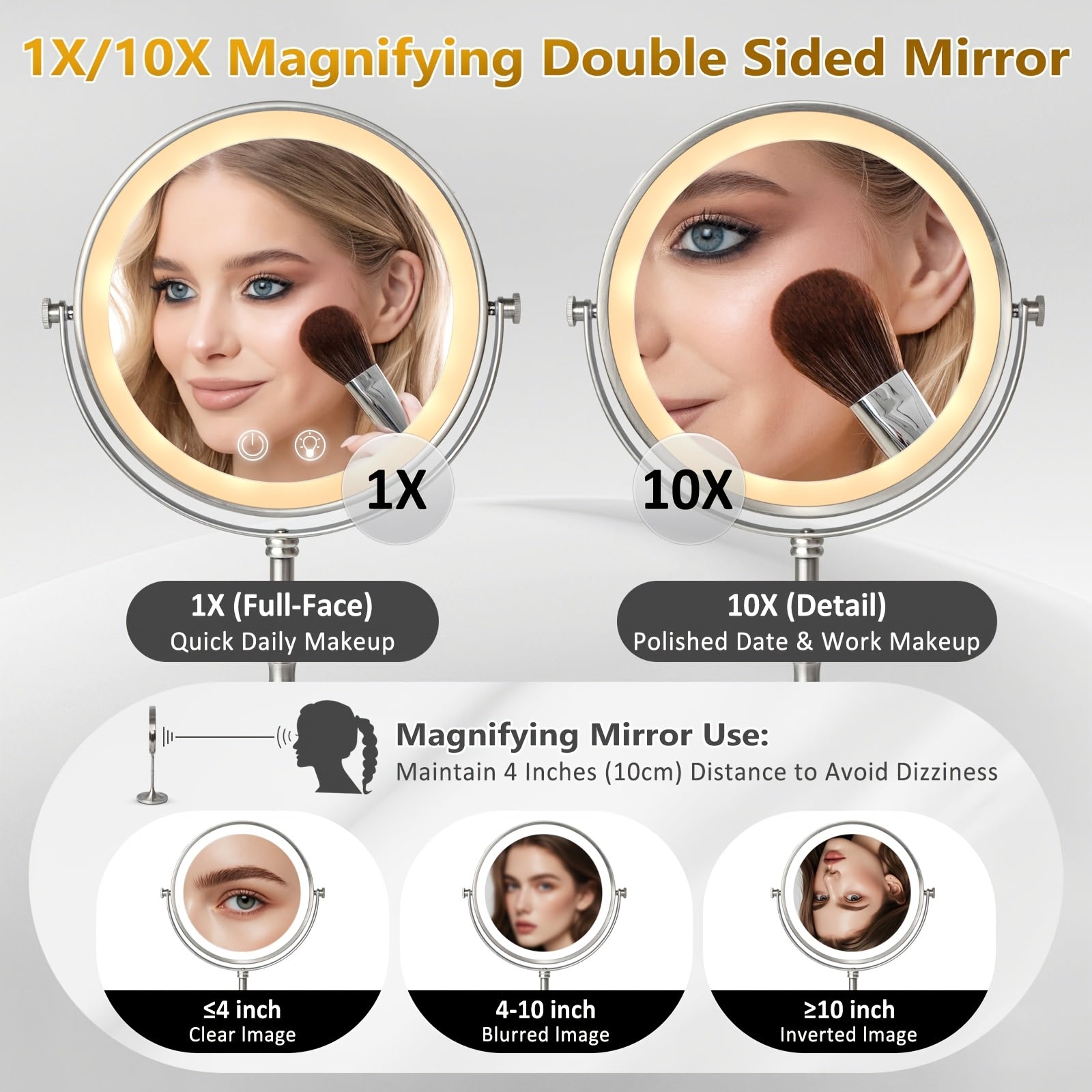 Makeup Mirror with Light, 1X\u002F10X Double-Sided Magnification Vanity Mirror, 3 Colors And Dimmable, 360° Rotation, Portable for Bathroom, Dorm Room And Travel, Ideal Gift for Women, Birthday Gift, Mother'S Day Gifts for Mom