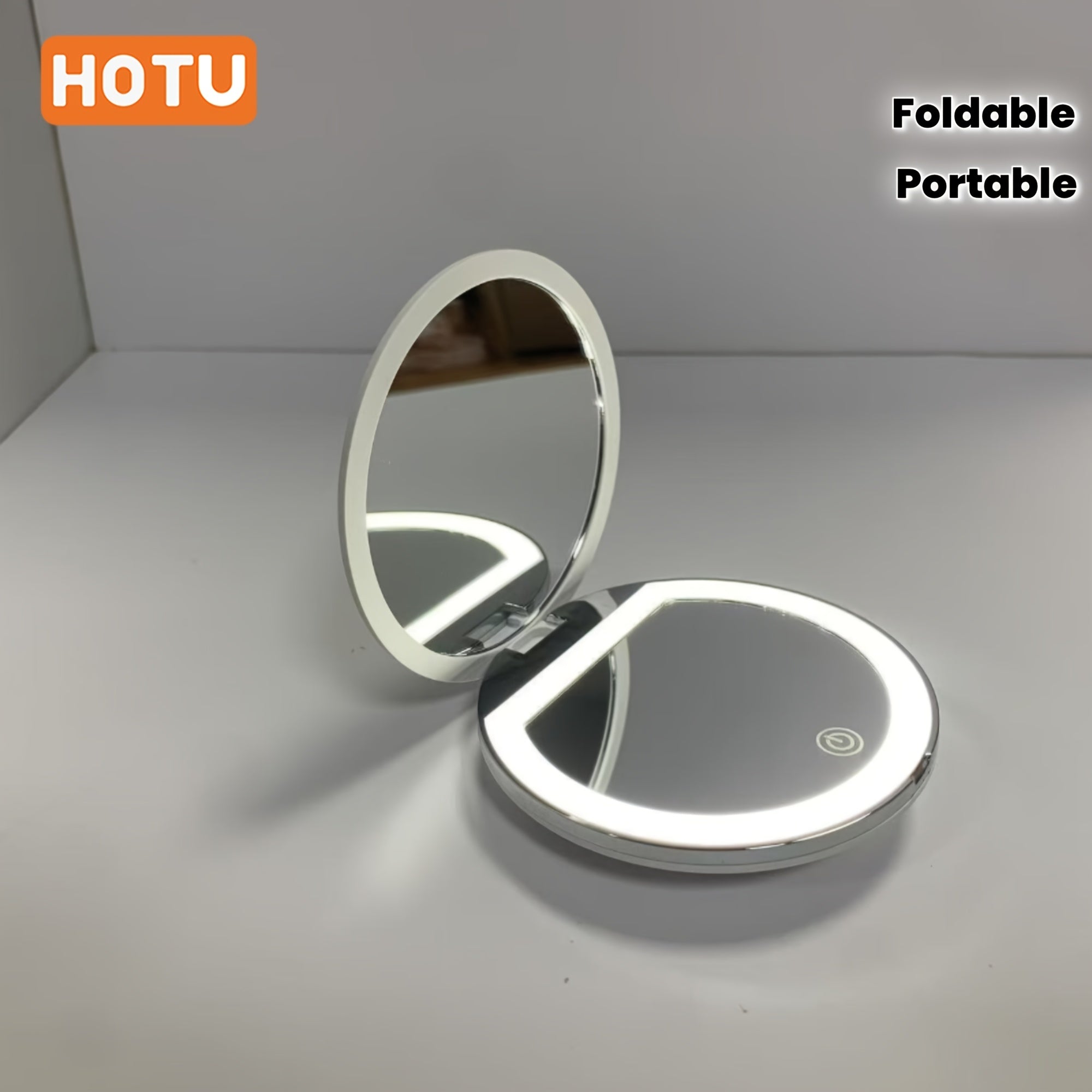 HOTU 1pc 2X Magnifying LED Makeup Mirror, Double-Sided Design, Handheld, Portable Foldable with Magnifying Side, Fits in Pocket or Purse, Great as a Gift