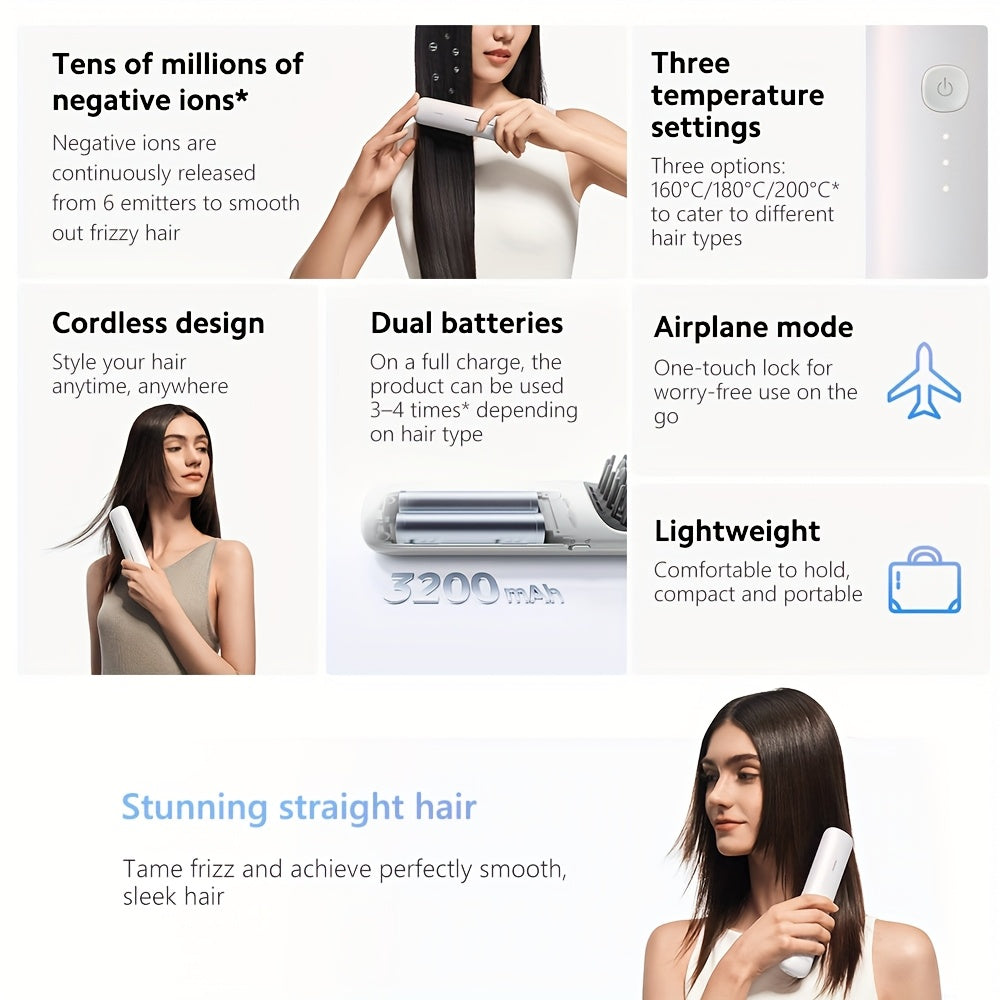 Xiaomi Cordless Hair Straightener Brush Ceramic Negative Ions | 160°C\u002F180°C\u002F200°C 3 Gears, Portable for Travel, USB Powered, Battery