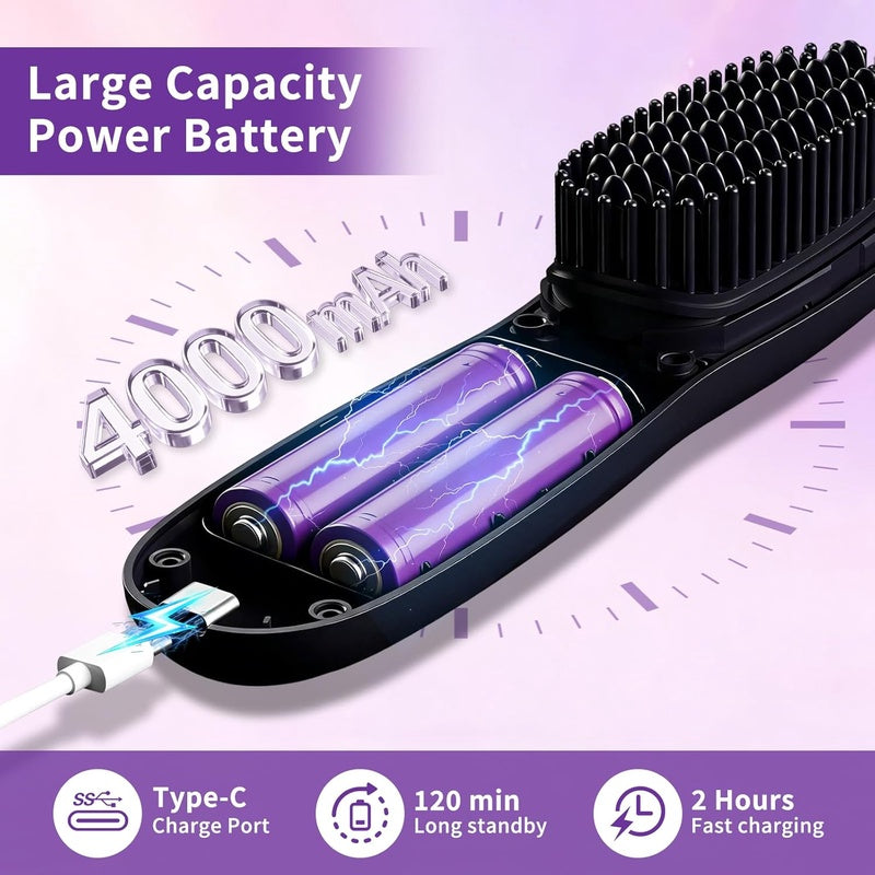 Cordless Hair Straightener Brush - 2026 Upgraded Mini Brush Straightener for Women with 300 Million Negative Ionic - Portable Flat Iron Brush with LED Display for Short Long Hair Comb Go Travel