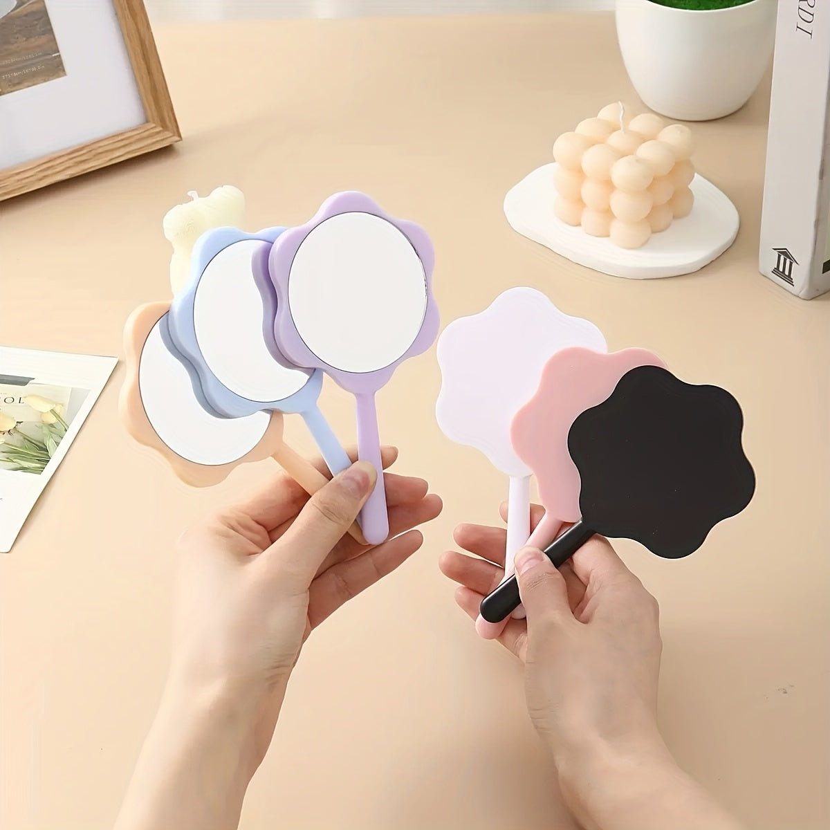 Cute Flower Handheld Mirror DIY Cream Gel Mirror Portable Makeup Student Small Mirror Creative Handle Mirror Touch up Handheld Mirror Portable Mini Handle Mirror