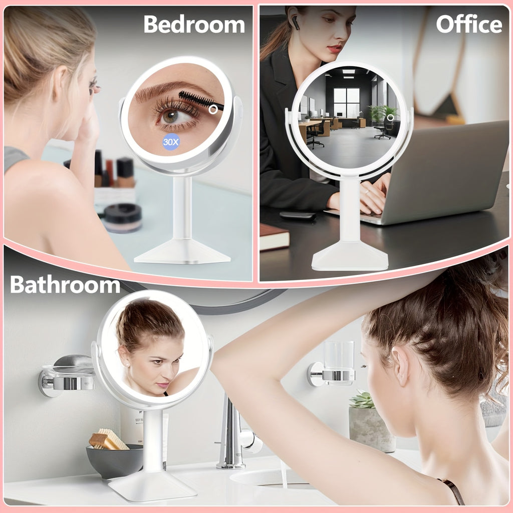 1X\u002F30X Magnifying Makeup Mirror with Lights, 2600mAh Rechargeable Vanity Mirror with Tweezers, 3 Color Lighting Modes & Stepless Dimming, Double Sided Smart Touch Control Mirror with 30X Magnification, 360° Rotation, Travel Essential, Christmas Gift