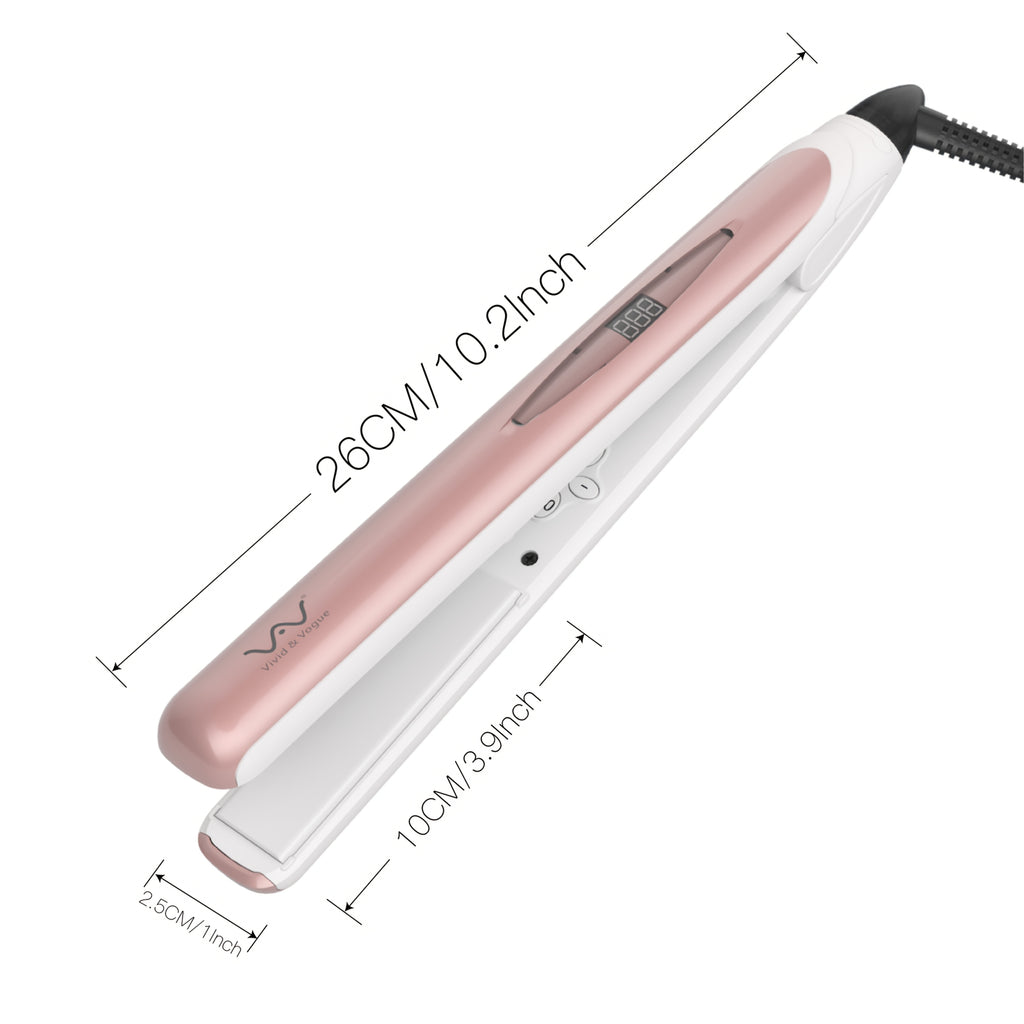 VAV Professional Ceramic Flat Iron 1 Inch 2 in 1 Hair Straightener - Instant Heat Up with Adjustable Temperature 284-446°F, LCD Display & Auto Shut Off, Plug Powered, 38W, Pink