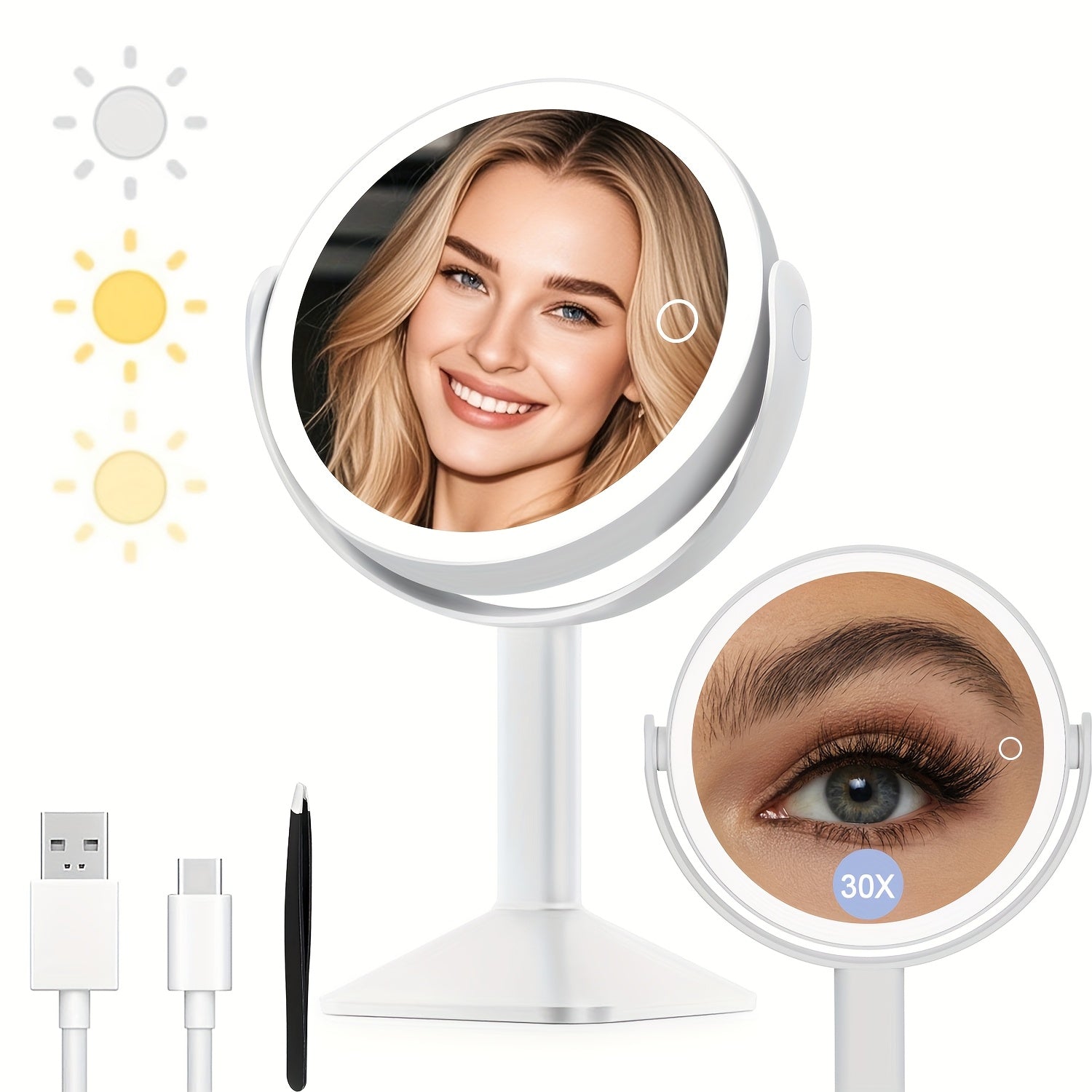 1X\u002F30X Magnifying Makeup Mirror with Lights, 2600mAh Rechargeable Vanity Mirror with Tweezers, 3 Color Lighting Modes & Stepless Dimming, Double Sided Smart Touch Control Mirror with 30X Magnification, 360° Rotation, Travel Essential, Christmas Gift