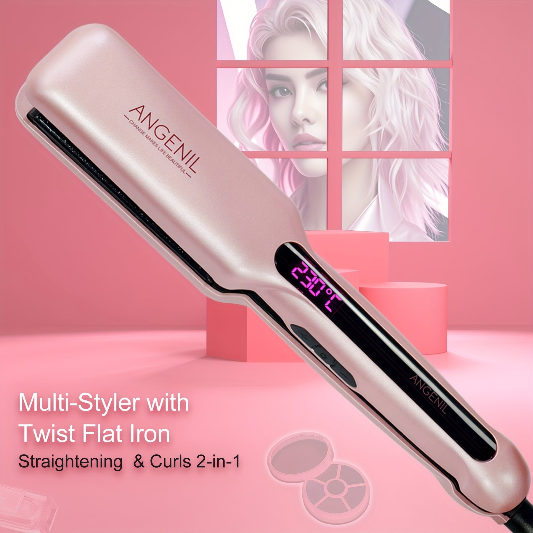 US ANGENIL Professional Salon-Grade Styler, Portable Dual Voltage 110-240V, Flat Hair Straightener Curler 2-in-1, LCD Display, Eight-speed Temperature Control, Metal Powder Craft, 1-inch Straight Hair Styler Straightener for Women, Holiday Gift
