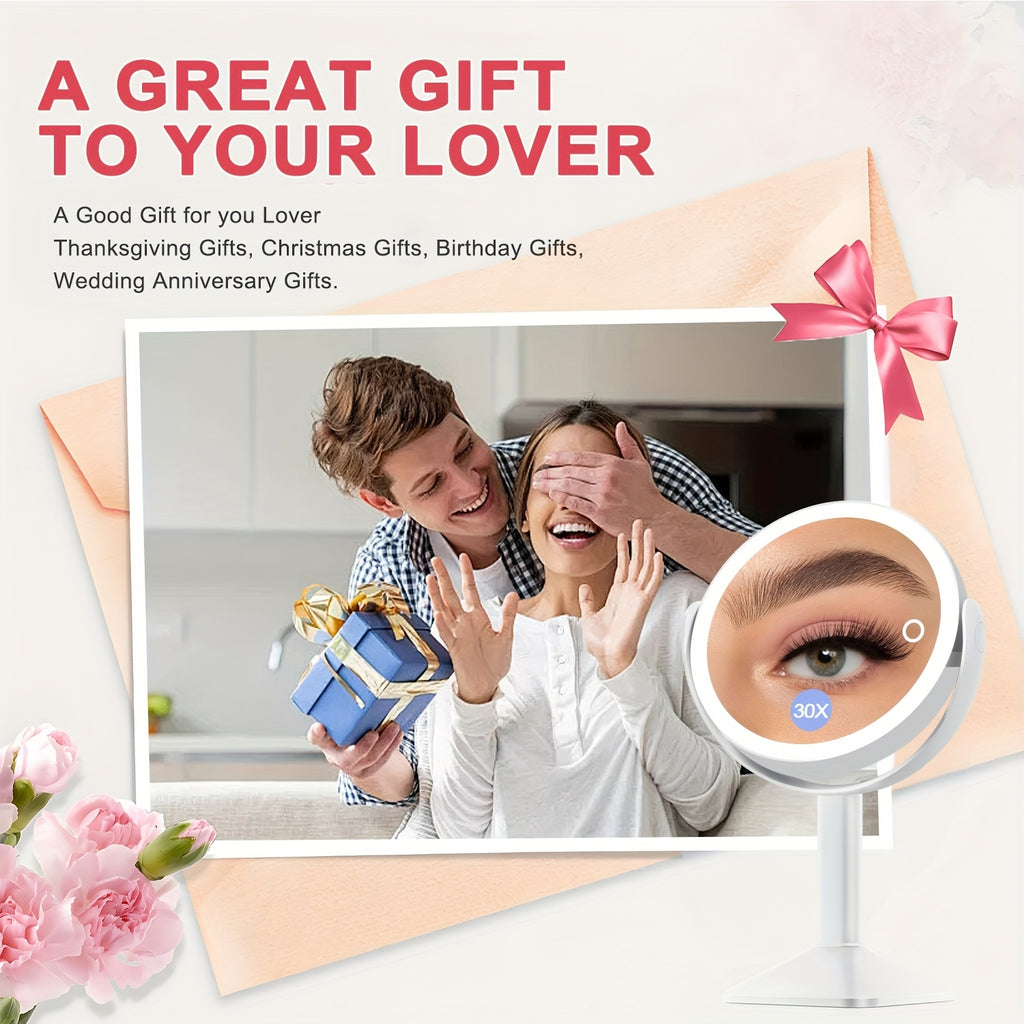 1X\u002F30X Magnifying Makeup Mirror with Lights, 2600mAh Rechargeable Vanity Mirror with Tweezers, 3 Color Lighting Modes & Stepless Dimming, Double Sided Smart Touch Control Mirror with 30X Magnification, 360° Rotation, Travel Essential, Christmas Gift