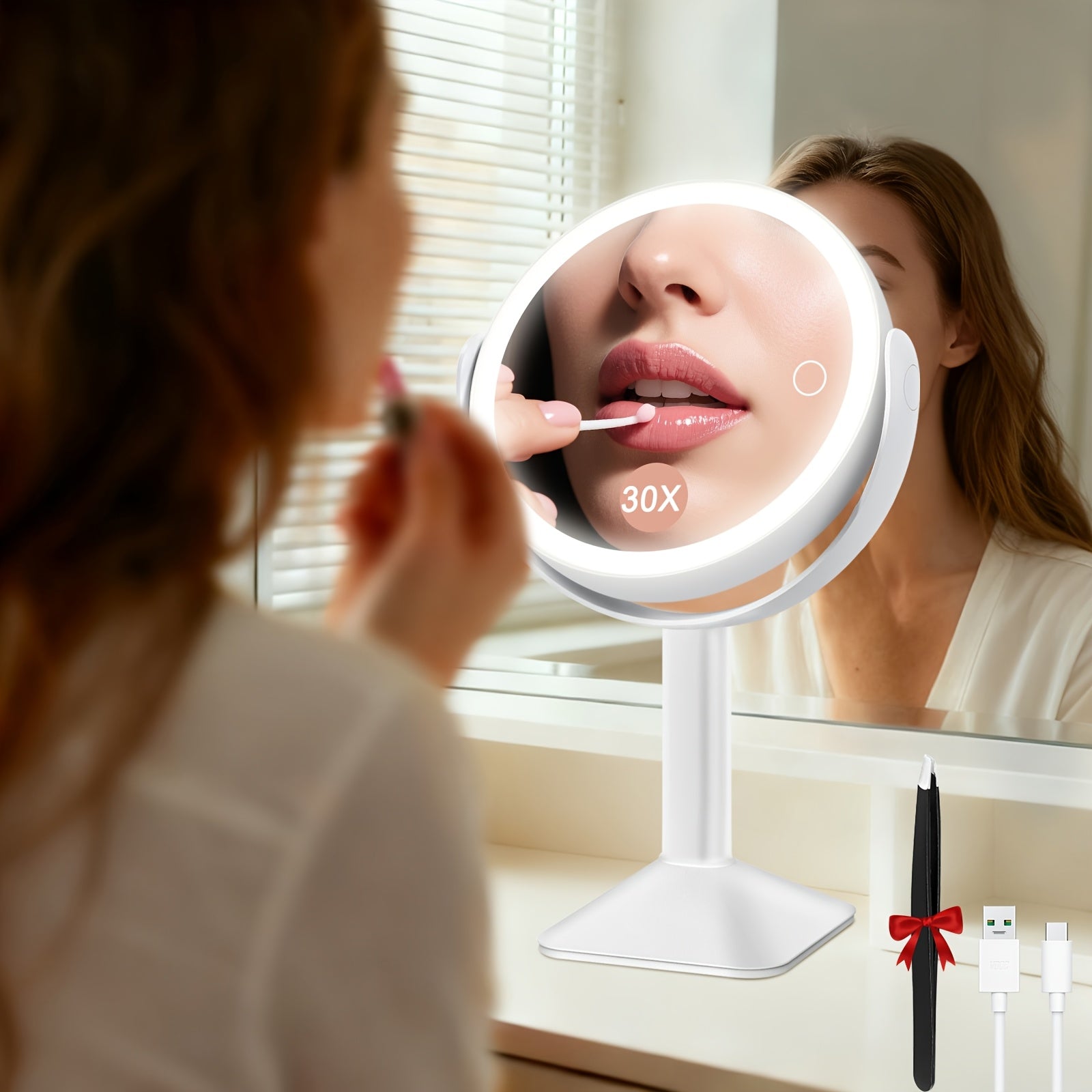 1X\u002F30X Magnifying Makeup Mirror with Lights, 2600mAh Rechargeable Vanity Mirror with Tweezers, 3 Color Lighting Modes & Stepless Dimming, Double Sided Smart Touch Control Mirror with 30X Magnification, 360° Rotation, Travel Essential, Christmas Gift