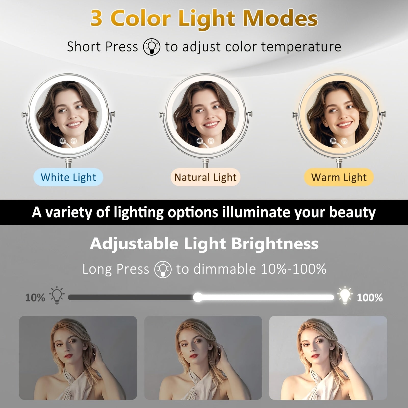 Makeup Mirror with Light, 1X\u002F10X Double-Sided Magnification Vanity Mirror, 3 Colors And Dimmable, 360° Rotation, Portable for Bathroom, Dorm Room And Travel, Ideal Gift for Women, Birthday Gift, Mother'S Day Gifts for Mom