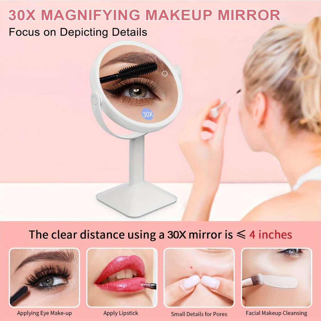 1X\u002F30X Magnifying Makeup Mirror with Lights, 2600mAh Rechargeable Vanity Mirror with Tweezers, 3 Color Lighting Modes & Stepless Dimming, Double Sided Smart Touch Control Mirror with 30X Magnification, 360° Rotation, Travel Essential, Christmas Gift