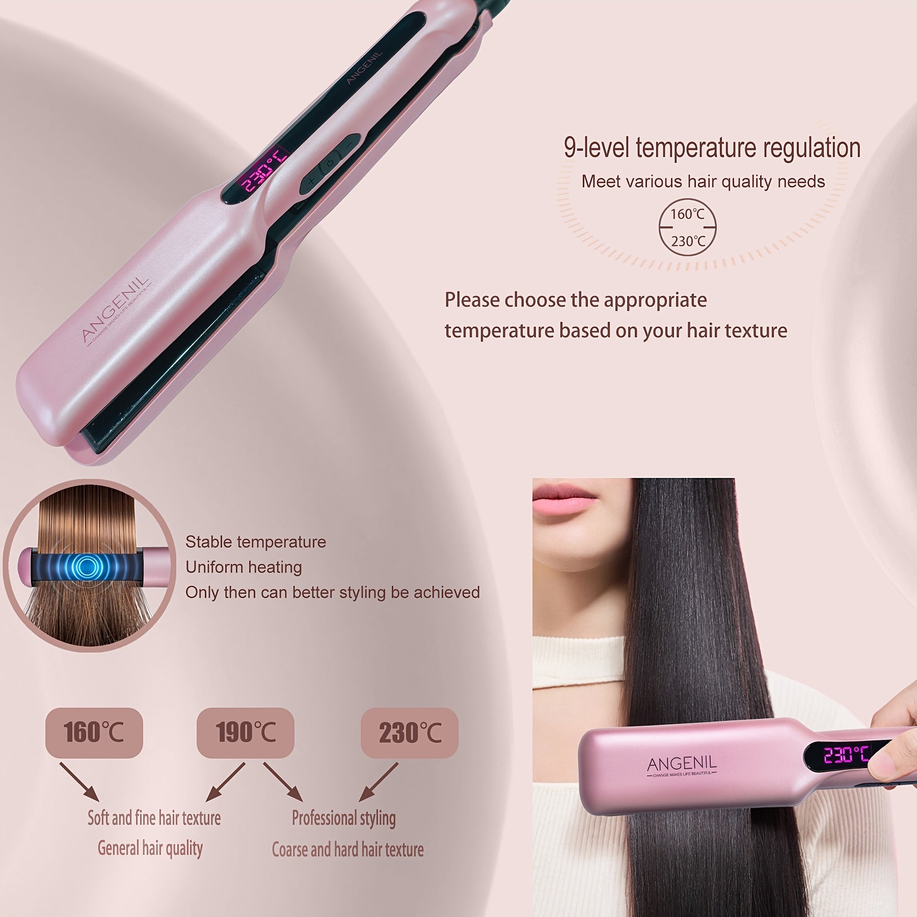 US ANGENIL Professional Salon-Grade Styler, Portable Dual Voltage 110-240V, Flat Hair Straightener Curler 2-in-1, LCD Display, Eight-speed Temperature Control, Metal Powder Craft, 1-inch Straight Hair Styler Straightener for Women, Holiday Gift