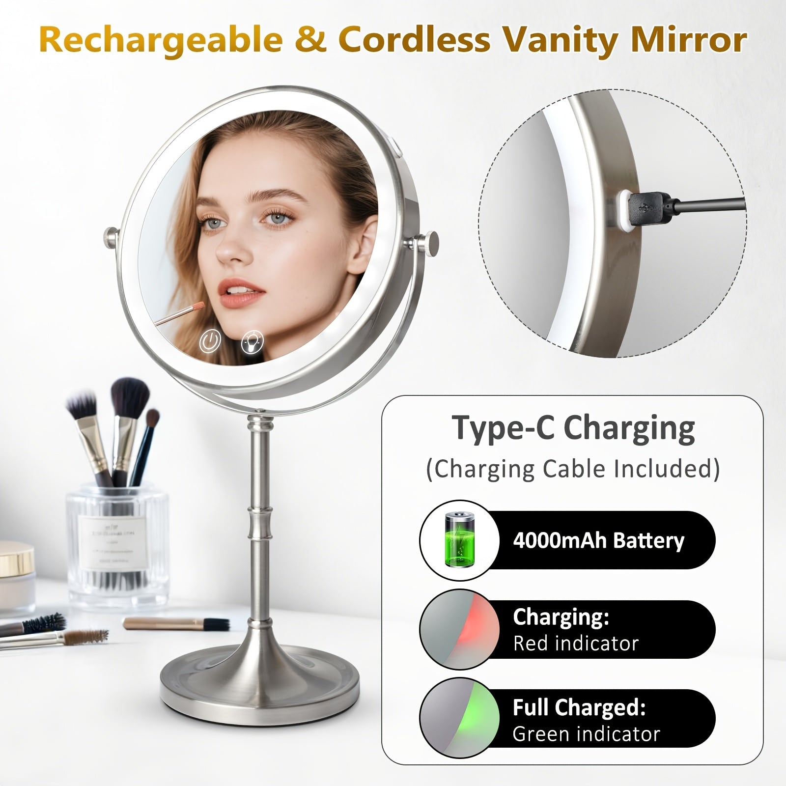 Makeup Mirror with Light, 1X\u002F10X Double-Sided Magnification Vanity Mirror, 3 Colors And Dimmable, 360° Rotation, Portable for Bathroom, Dorm Room And Travel, Ideal Gift for Women, Birthday Gift, Mother'S Day Gifts for Mom