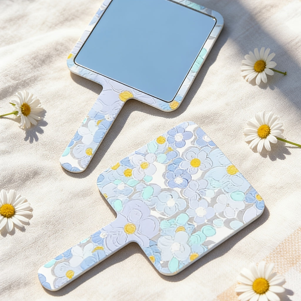 Floral Print Square Handheld Mirror Bathroom Suitable Portable Makeup Mirror Campus Season Girl Gift Valentine'S Day Romantic Gift Christmas\u002FWedding Season\u002FMother'S Day Multi-Festival Gift Exquisite Girl Cleaning Supplies