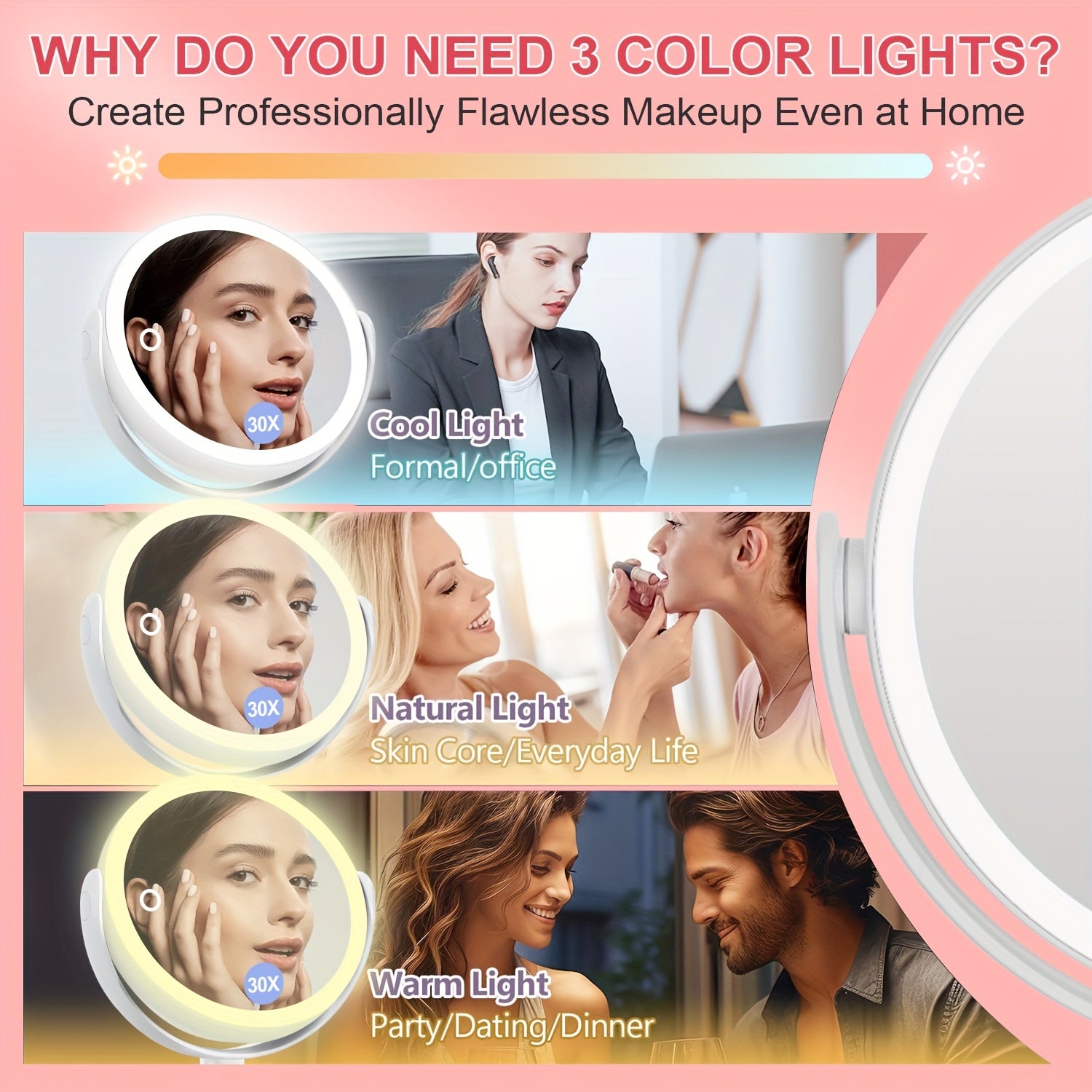 1X\u002F30X Magnifying Makeup Mirror with Lights, 2600mAh Rechargeable Vanity Mirror with Tweezers, 3 Color Lighting Modes & Stepless Dimming, Double Sided Smart Touch Control Mirror with 30X Magnification, 360° Rotation, Travel Essential, Christmas Gift
