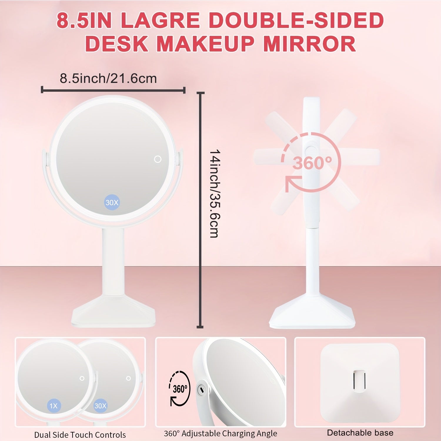 1X\u002F30X Magnifying Makeup Mirror with Lights, 2600mAh Rechargeable Vanity Mirror with Tweezers, 3 Color Lighting Modes & Stepless Dimming, Double Sided Smart Touch Control Mirror with 30X Magnification, 360° Rotation, Travel Essential, Christmas Gift