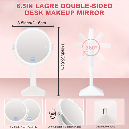 1X\u002F30X Magnifying Makeup Mirror with Lights, 2600mAh Rechargeable Vanity Mirror with Tweezers, 3 Color Lighting Modes & Stepless Dimming, Double Sided Smart Touch Control Mirror with 30X Magnification, 360° Rotation, Travel Essential, Christmas Gift